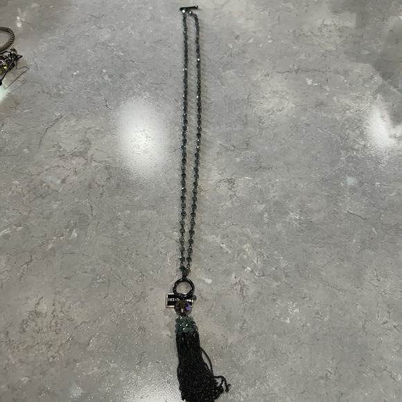 Joan Rivers Sparkling Crystal Seafoam Green Tassel Necklace Gunmetal Toggle Hook - Picture 3 of 6